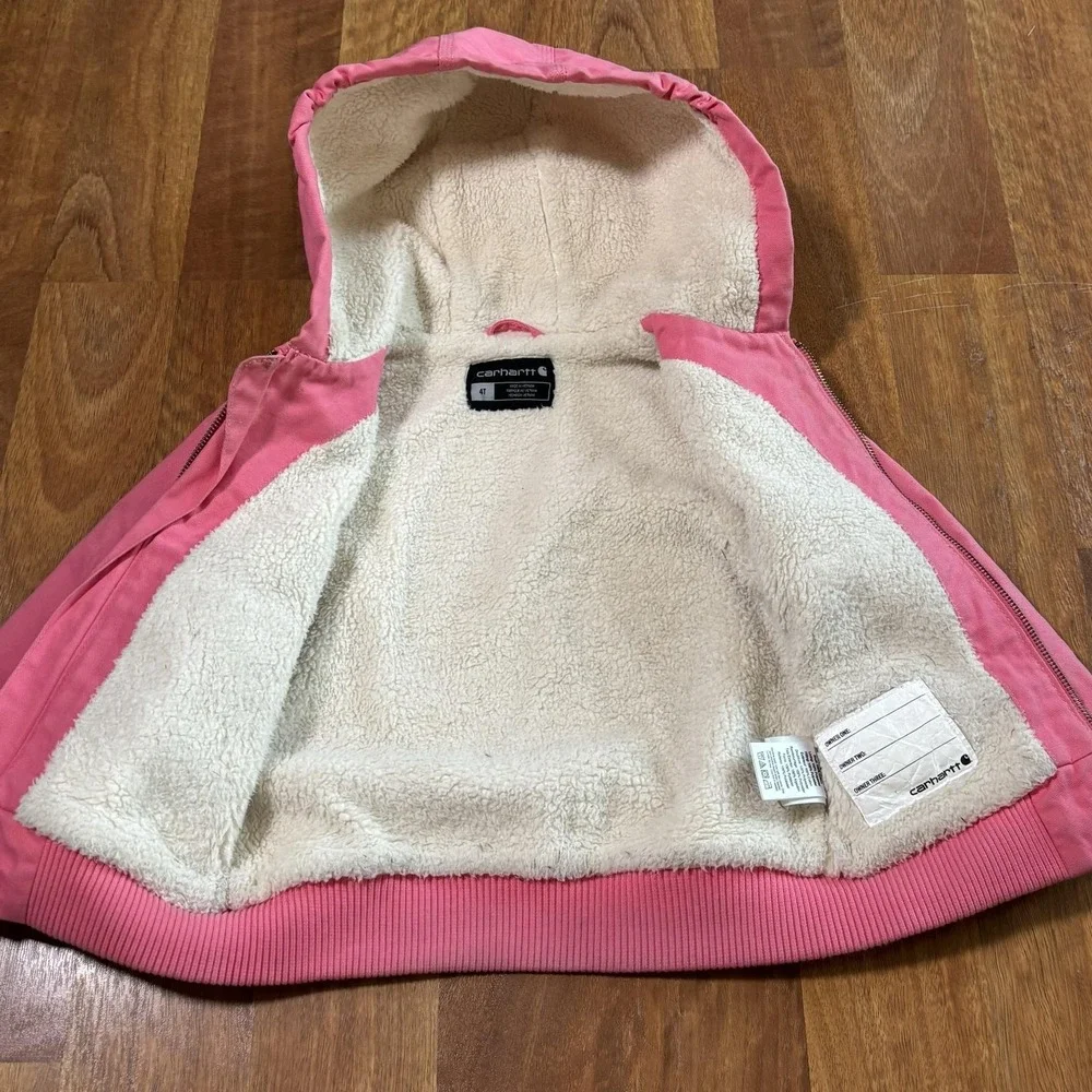 Carhartt Jacket Girls 4T Pink Sherpa Lined Hooded Full Zip Insulated Canvas Warm